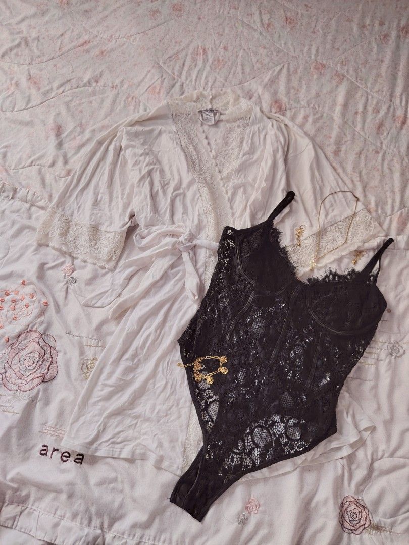 b&w lace bodysuit with robe ⚪⚫ (Category: Sets or Coordinates) located in Hermosa. Submitted by lcvelycath (Listing ID 1463568356, Image 1). Description: size: m-l mine: ₱239 bid: ₱+10 lock: ₱439 (shipped) robe: ₱259 body suit: ₱149 EOB: monday—september 28 (the seller is on vacation 😘) °. thrifted, pre-loved, or brand new but ready to wear (some aren't bcs i don't have the time to wash them, very sorryy :<) colors may vary due to lightning & qu
