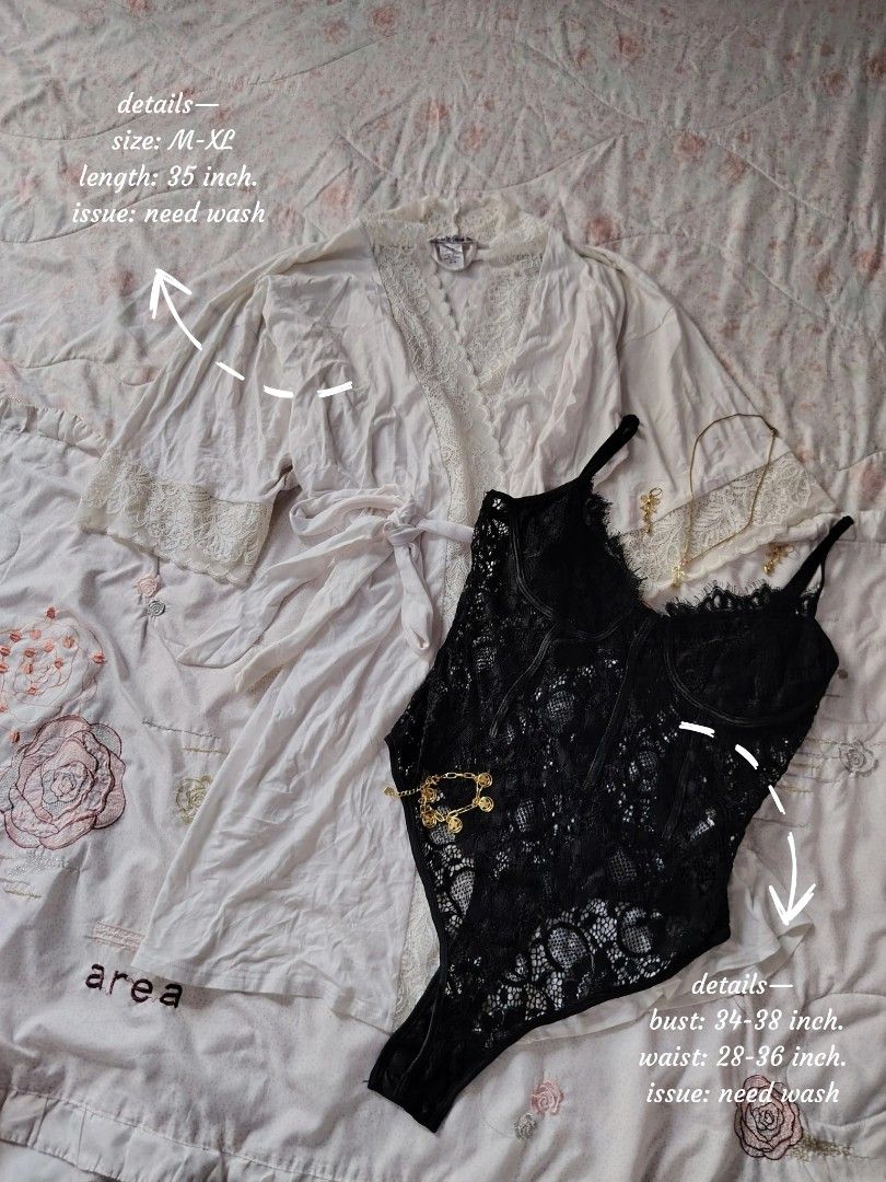 b&w lace bodysuit with robe ⚪⚫ (Category: Sets or Coordinates) located in Hermosa. Submitted by lcvelycath (Listing ID 1463568356, Image 2). Description: size: m-l mine: ₱239 bid: ₱+10 lock: ₱439 (shipped) robe: ₱259 body suit: ₱149 EOB: monday—september 28 (the seller is on vacation 😘) °. thrifted, pre-loved, or brand new but ready to wear (some aren't bcs i don't have the time to wash them, very sorryy :<) colors may vary due to lightning & qu