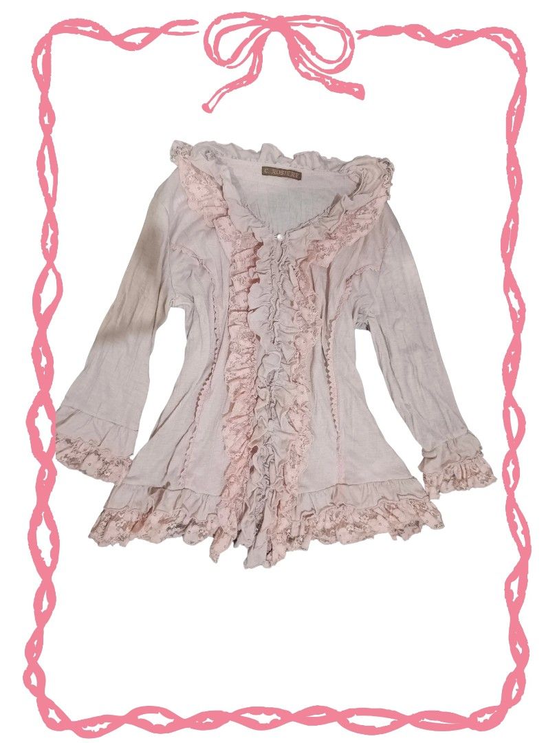 C. Rosiere Ruffled Lace Blouse (Category: Blouses) located in Manila. Submitted by dear__riri__ (Listing ID 1463558303, Image 1). Description: - Brand: C. Rosiere - Color: Light pinkish-beige - Style: Feminine, vintage-inspired - Details: Ruffles and lace trim on neckline and front placket - Closure: Button-up front with a single pearl button at the top - Sleeves: Long sleeves.