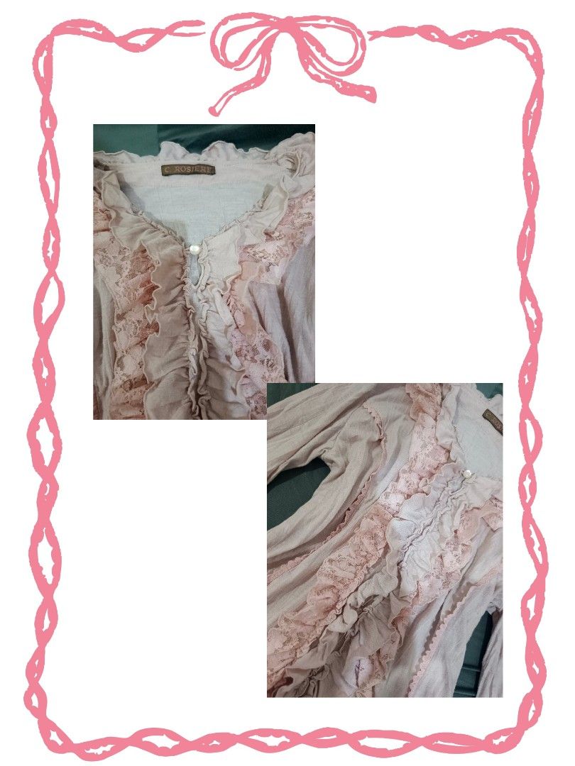 C. Rosiere Ruffled Lace Blouse (Category: Blouses) located in Manila. Submitted by dear__riri__ (Listing ID 1463558303, Image 2). Description: - Brand: C. Rosiere - Color: Light pinkish-beige - Style: Feminine, vintage-inspired - Details: Ruffles and lace trim on neckline and front placket - Closure: Button-up front with a single pearl button at the top - Sleeves: Long sleeves.