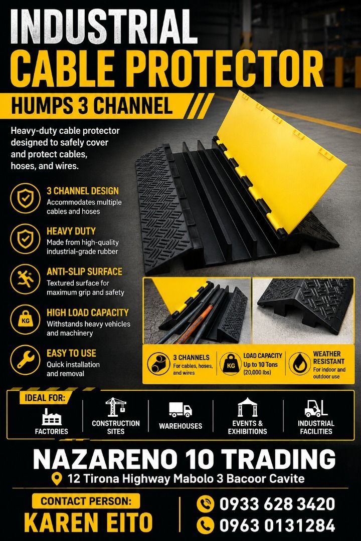 CABLE HUMPS PROTECTOR 2 CHANNEL (Category: Looking For) located in Bacoor. Submitted by kajezame.2021 (Listing ID 1463636043, Image 1). Description: CABLE HUMPS PROTECTOR 2 CHANNEL For More Details and Discount Contact Ms. Karen NAZARENO 10 TRADING 0963 0131 284 0933 6283 420 0956 7028 557 0933 8559 510 Landline: Look for Ms. Karen (046 ) 416 3920 Also available: • Traffic cone • Parking Block stopper • Hooded trash bin • Road Plastic Barrier • S