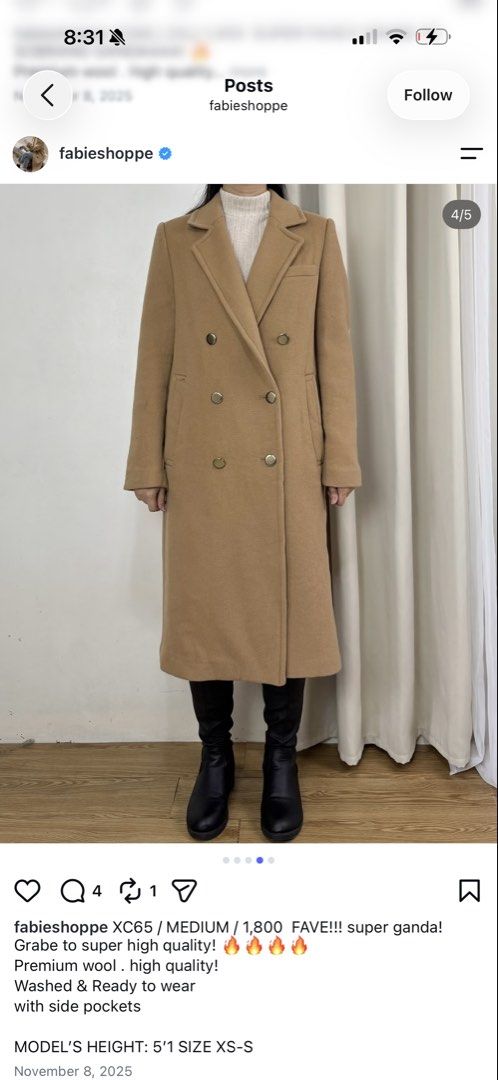 Camel Double Breasted Wool Blend Coat (Category: Coats, Jackets and Outerwear) located in Quezon City. Submitted by jen.77 (Listing ID 1463698901, Image 1). Description: - Super ganda camel coat! - Premium wool blend, high quality - Washed and ready to wear - Features side pockets Issue: Missing one button.