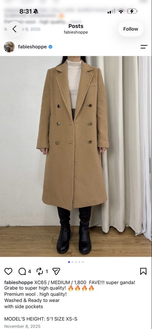 Camel Double Breasted Wool Blend Coat (Category: Coats, Jackets and Outerwear) located in Quezon City. Submitted by jen.77 (Listing ID 1463698901, Image 3). Description: - Super ganda camel coat! - Premium wool blend, high quality - Washed and ready to wear - Features side pockets Issue: Missing one button.