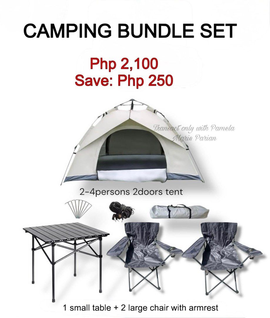 Camping Bundle Set: Tent, Table, 2 Chairs (Category: Hiking & Camping) located in Las Pinas. Submitted by phamyyy15 (Listing ID 1463664097, Image 1). Description: - Complete camping bundle for your next outdoor adventure! - Tent: Fits 2-4 people, features 2 doors. - Includes: 1 small folding table and 2 large camping chairs with armrests. - Special Offer: Php 2,100 (Save Php 250!).