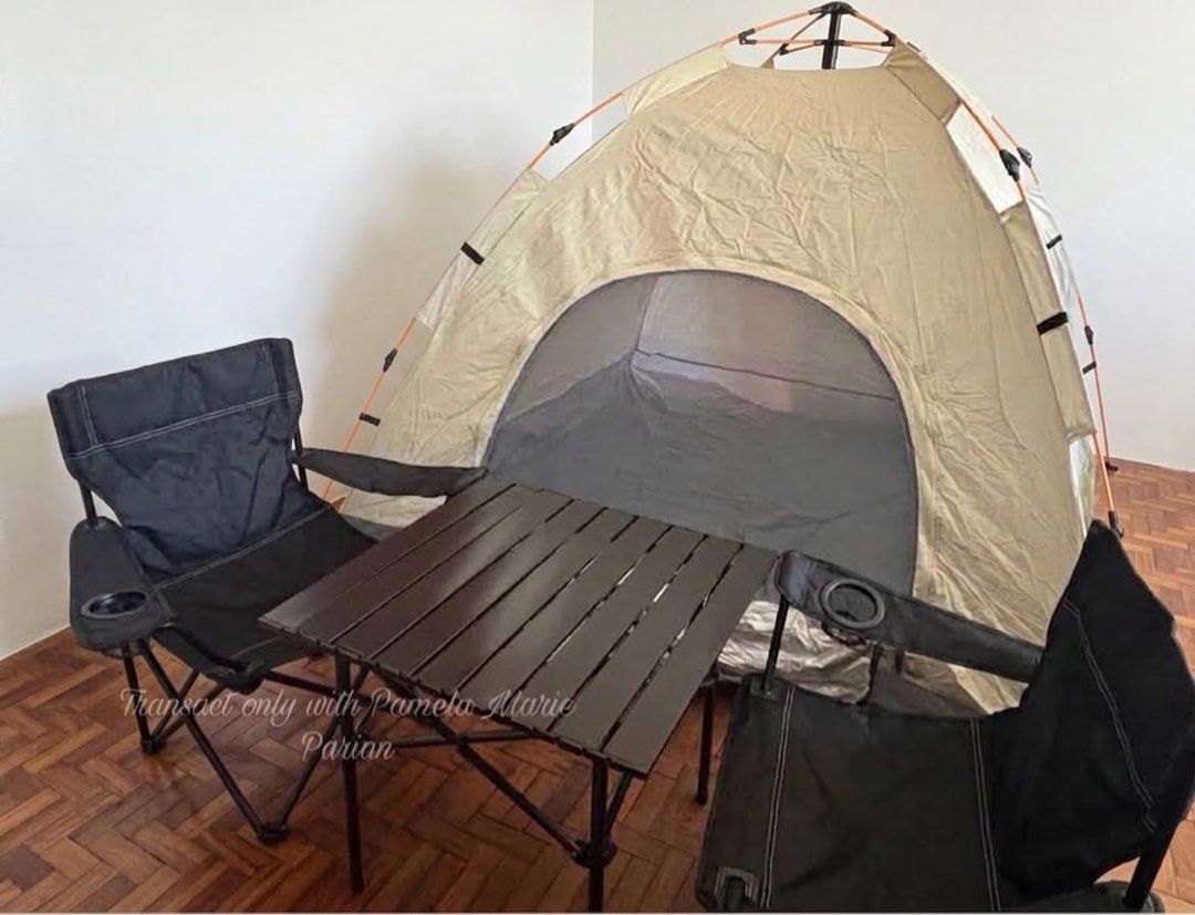 Camping Bundle Set: Tent, Table, 2 Chairs (Category: Hiking & Camping) located in Las Pinas. Submitted by phamyyy15 (Listing ID 1463664097, Image 2). Description: - Complete camping bundle for your next outdoor adventure! - Tent: Fits 2-4 people, features 2 doors. - Includes: 1 small folding table and 2 large camping chairs with armrests. - Special Offer: Php 2,100 (Save Php 250!).