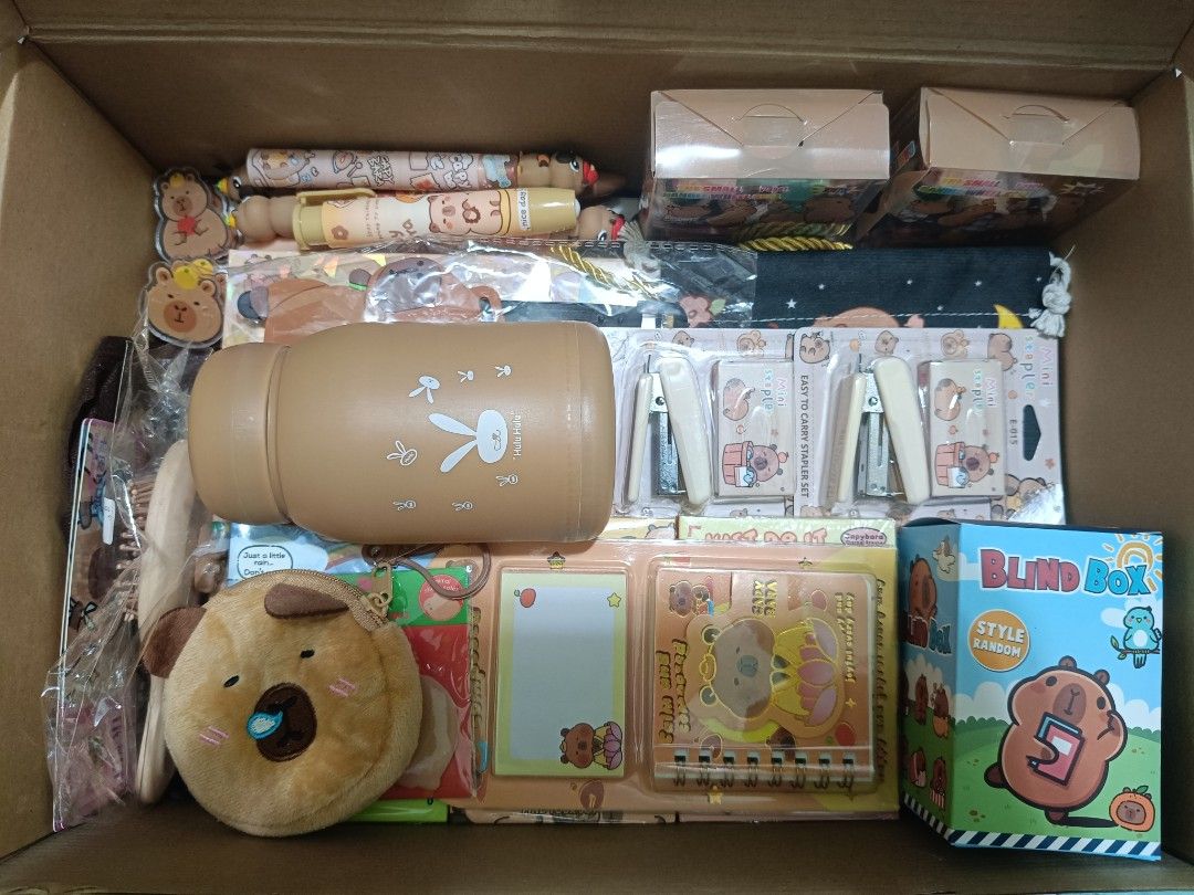 Capybara Cute Bear Stationery Set & Gift Bag (Category: Stationery & School Supplies) located in Imus. Submitted by mrpp03 (Listing ID 1463627660, Image 1). Description: - Adorable capybara-themed stationery set - Includes: 1 lunch bag, 1 stationary set, 1 mini pouch bag, 2 stamp wheel set, 2 mini stapler set, 4 gel pens, 1 retractable eraser, 1 highlighter set, 2 paper clips, 2 bookmark, 1 hairbrush, 1 luggage tag, 1 coaster, 1 tumbler, 1 blind 