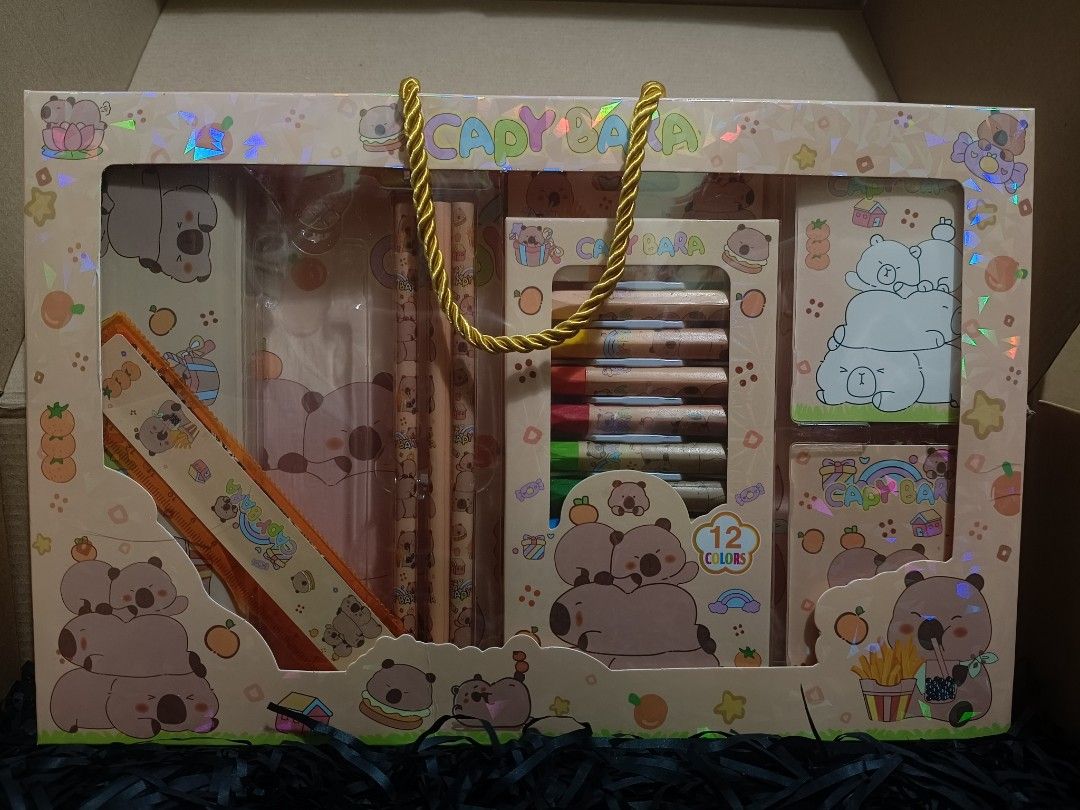 Capybara Cute Bear Stationery Set & Gift Bag (Category: Stationery & School Supplies) located in Imus. Submitted by mrpp03 (Listing ID 1463627660, Image 3). Description: - Adorable capybara-themed stationery set - Includes: 1 lunch bag, 1 stationary set, 1 mini pouch bag, 2 stamp wheel set, 2 mini stapler set, 4 gel pens, 1 retractable eraser, 1 highlighter set, 2 paper clips, 2 bookmark, 1 hairbrush, 1 luggage tag, 1 coaster, 1 tumbler, 1 blind 