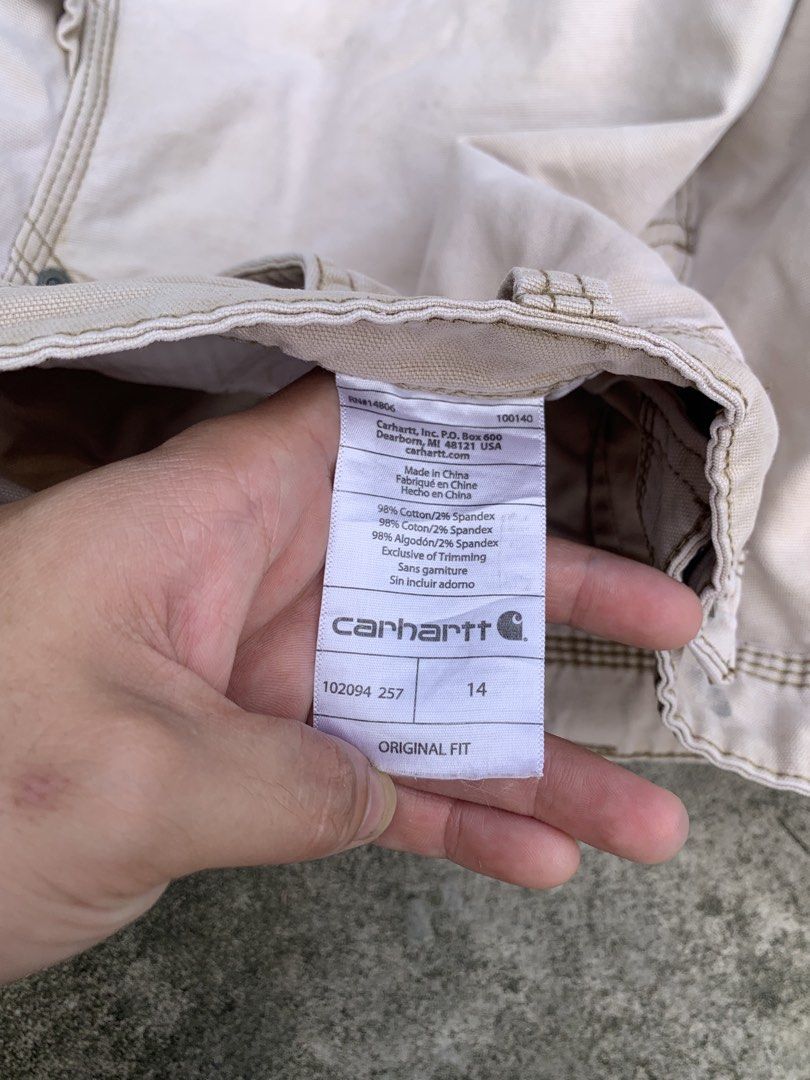 Carhartt Carpenter Jorts (Category: Shorts) located in Cavite. Submitted by day_thrifting (Listing ID 1463632176, Image 3). Description: Carhartt Original Fit (Carpenter Jorts) Size Waistline - 38 Length - 18.5 Legholec - 13 Issue: minimal stains Shipping thru J&T & LBC Slightly negotiable .