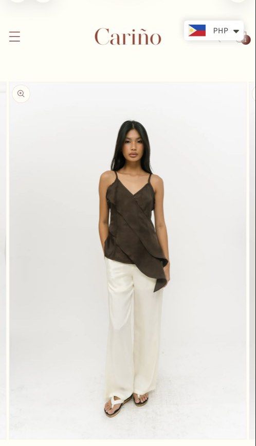 Cariño Jimena top in brown silk (Category: Blouses) located in Valenzuela. Submitted by shopmystyle__ (Listing ID 1463633507, Image 3). Description: Used once for a shoot Like new Medium on tag Fits small to medium frame Adjustable straps Soldout on site.