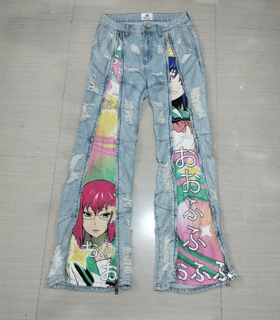 CARTOONBOX ANIME ZIP JEANS (Category: Jeans) located in Sariaya. Submitted by social_animalz (Listing ID 1463672796, Image 1). Description: waist: 30 length: 40.5 inches leg opening: 11.5 inches embroidered back pocket design pwedeng isara yung zip sa harap para maitago yung anime design shipping fee is not included.