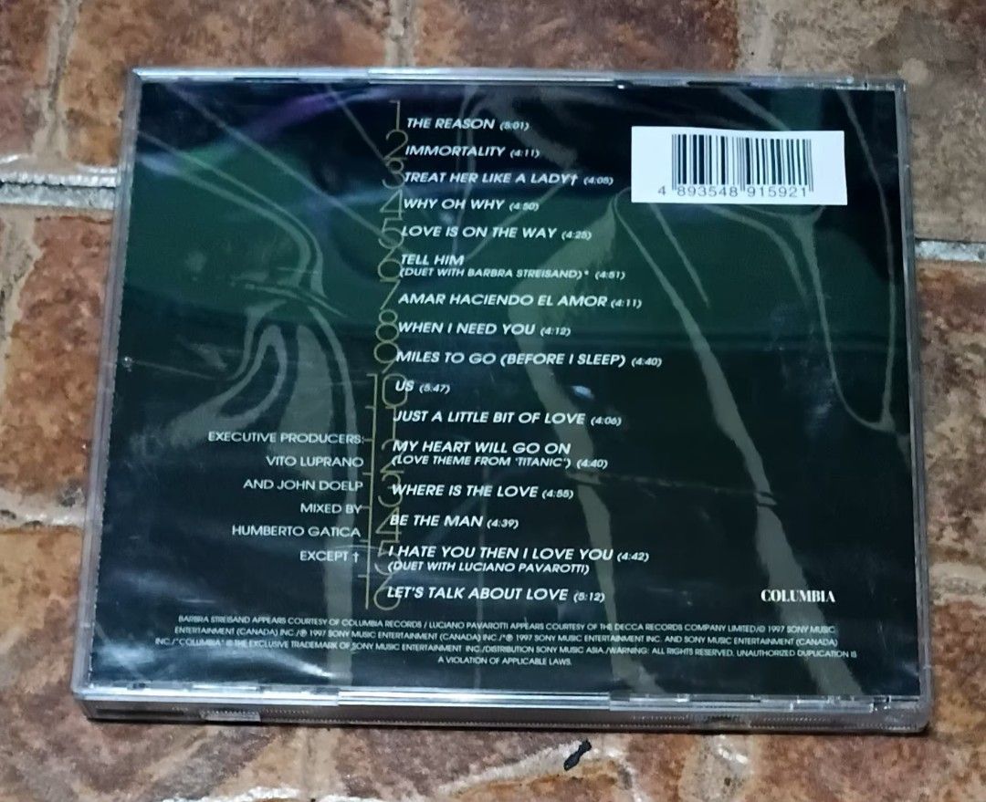 Celine Dion Let's Talk About Love CD (Category: CDs & DVDs) located in Quezon City. Submitted by dancatz (Listing ID 1463594219, Image 3). Description: - Celine Dion's 'Let's Talk About Love' CD - Includes hit songs: 'My Heart Will Go On' and 'Immortality' - Features special collaborations with Barbra Streisand and Luciano Pavarotti - A classic album for any Celine Dion fan LFB Seller's location : Brgy. Sta. Teresita Quezon City Please DM for mor