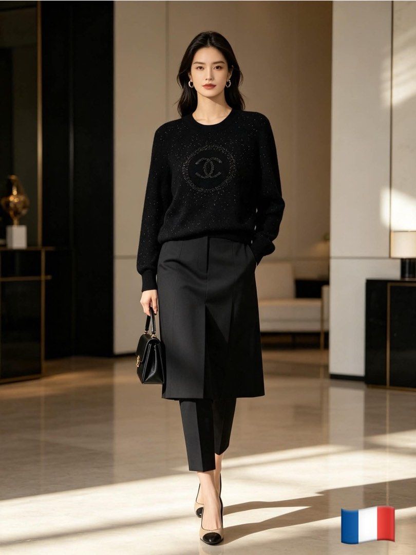 Chanel Double-C Logo Sweater (Black) (Category: Coats, Jackets and Outerwear) located in Bacolod City. Submitted by moboandmoga (Listing ID 1463627548, Image 2). Description: Chanel Double-C Logo Sweater (Black) Size: Excellent Condition (Sizing info) Width: 21 inches Length: 24.5”.