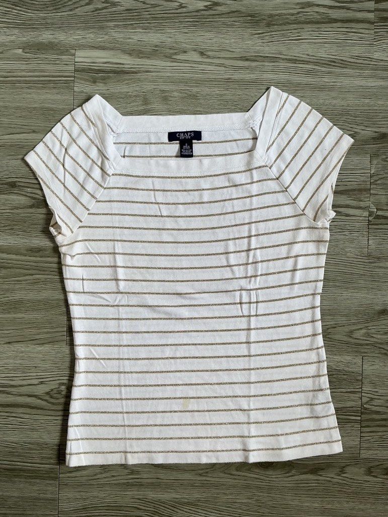 Chaps White Striped Square Neck T-Shirt Size S (Category: Shirts) located in Muntinlupa City. Submitted by lovedbysabel (Listing ID 1463644345, Image 2). Description: - Brand: Chaps - Color: White with thin gold stripes - Neckline: Square - Sleeves: Short - Material: Cotton blend - Size: S - Condition: Good, with a small stain on the front (visible in the last photo).