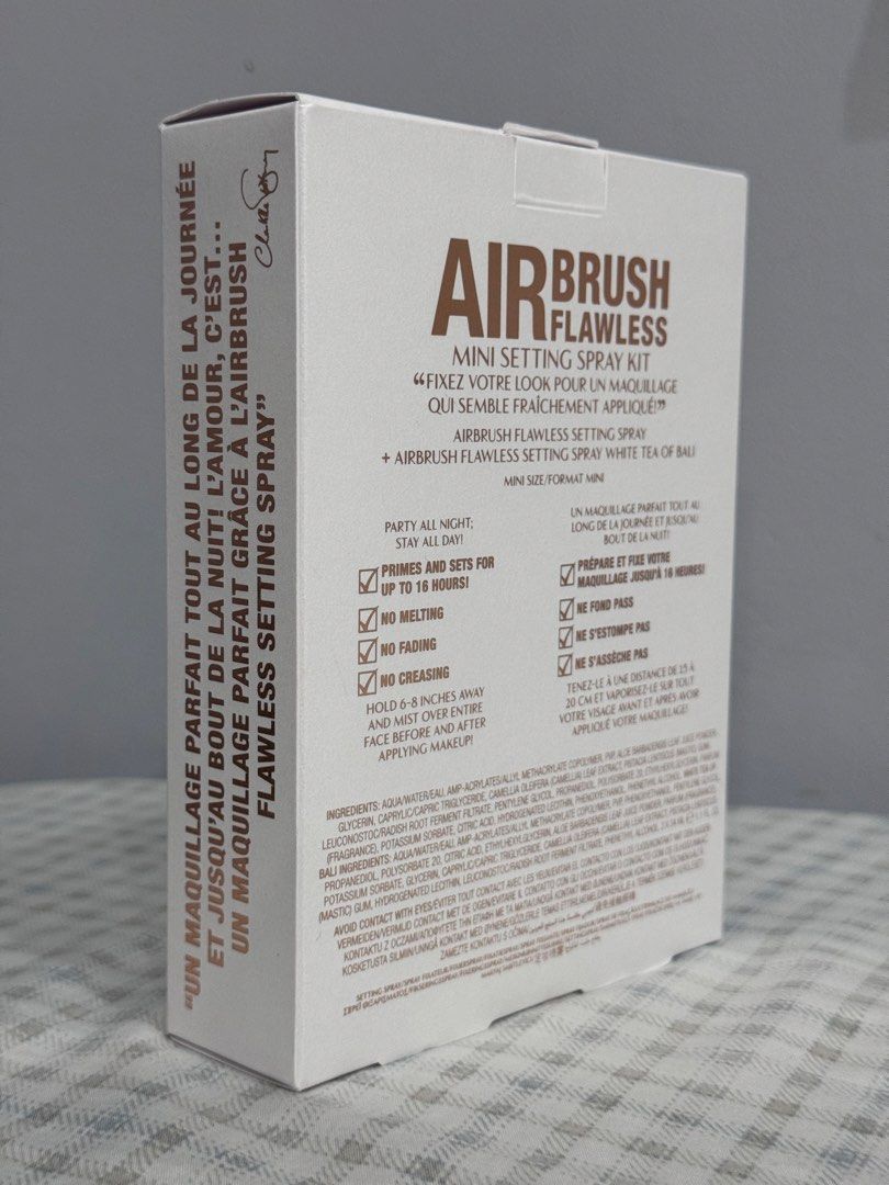 Charlotte Tilbury Airbrush Flawless Mini Setting Spray Kit (Category: Makeup) located in Manila. Submitted by altabl123 (Listing ID 1463710025, Image 2). Description: - Achieve an airbrushed look that lasts all day and night. - Mini kit includes two setting sprays: 'Party All Night, Stay All Day!' and 'White Tea of Bali'. - Locks in makeup for up to 16 hours. - Prevents melting, fading, and creasing. - For best results, hold 6-8 inches from face 