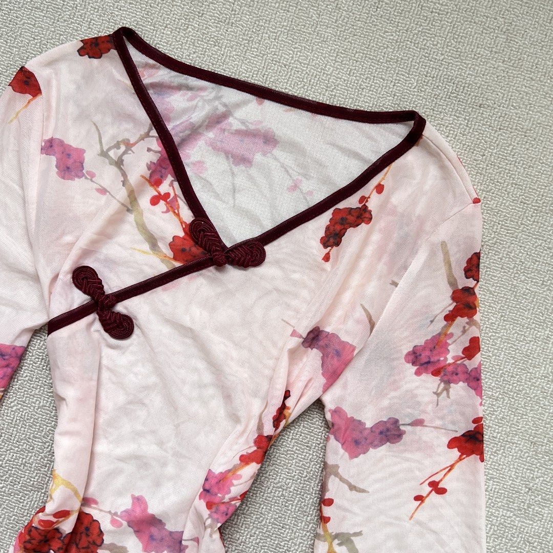 cherry blosson cheongsam mesh asymmetrical top (Category: Longsleeves) located in Limay. Submitted by budolfindsrawrawr (Listing ID 1463720699, Image 3). Description: cherry blosson cheongsam mesh asymmetrical top - fits s/m l26 b32-34 - in excellent condition .