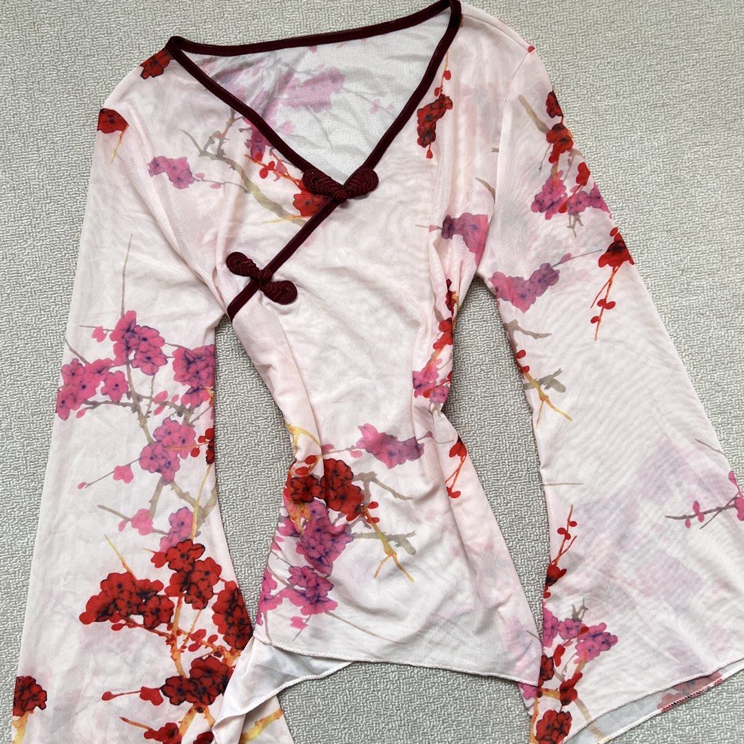 cherry blosson cheongsam mesh asymmetrical top (Category: Longsleeves) located in Limay. Submitted by budolfindsrawrawr (Listing ID 1463720699, Image 2). Description: cherry blosson cheongsam mesh asymmetrical top - fits s/m l26 b32-34 - in excellent condition .