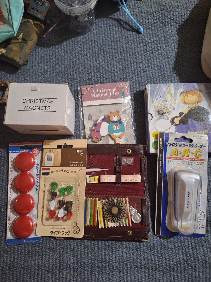 Christmas Magnets, Sewing Kit, Record Cleaner & More (Category: Craft Supplies & Tools) located in Valenzuela. Submitted by rooooons (Listing ID 1463605513, Image 1). Description: Bundle japan anik anik - Includes Christmas magnets (Kaldi and a box) - Portable sewing kit with threads, needles, and buttons - Jestax ARC-100 analog record cleaner - Pack of Tiger mini hooks - Red round magnets - Ideal for crafting and organizing.