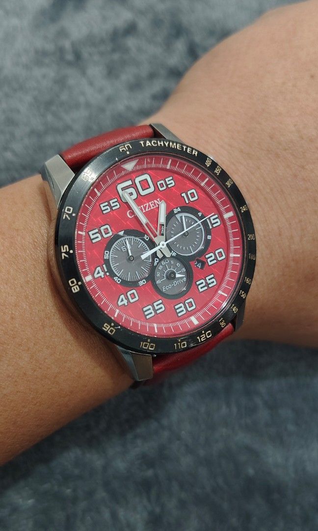 Citizen Eco- Drive Primo (Red Dial) (Category: Men's Watches) located in Cebu City. Submitted by aceoftime (Listing ID 1463715138, Image 2). Description: In good working condition GN-4 series Eco-Drive ( No Battery Required) Chronograph with mini subdial Black ceramis bezel 44-45mm in stainless steel 100m water resist Fitted with matching red leather band Watch only Our Guarantee: 💯 Authentic All watches are checked by our experienced technician