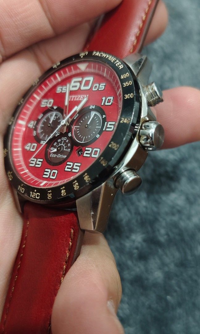 Citizen Eco- Drive Primo (Red Dial) (Category: Men's Watches) located in Cebu City. Submitted by aceoftime (Listing ID 1463715138, Image 3). Description: In good working condition GN-4 series Eco-Drive ( No Battery Required) Chronograph with mini subdial Black ceramis bezel 44-45mm in stainless steel 100m water resist Fitted with matching red leather band Watch only Our Guarantee: 💯 Authentic All watches are checked by our experienced technician