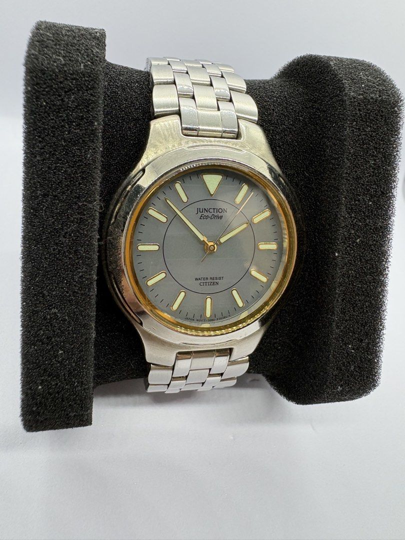 Citizen Eco-Drive Junction Water Resist Watch (Category: Men's Watches) located in Quezon City. Submitted by rentoti (Listing ID 1463620080, Image 1). Description: - Citizen Eco-Drive watch - Junction model - Water resistant - Stainless steel band and case - Grey dial with gold accents - Shows some signs of wear on band and case - Powered by light (Eco-Drive technology).