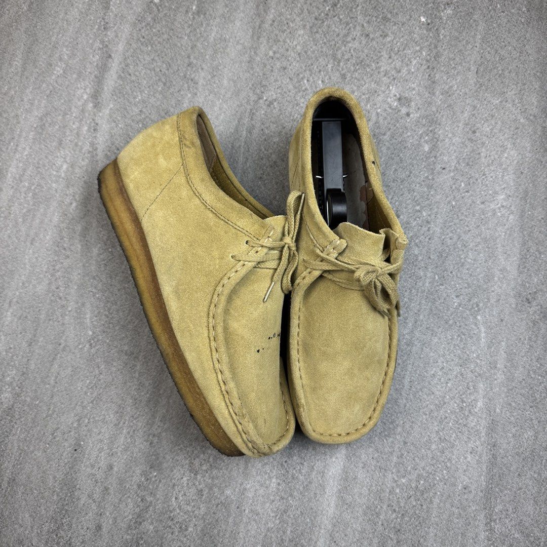 Clarks Wallabee Suede Desert Boots Beige (Category: Casual Shoes) located in Manolo Fortich. Submitted by thrift_by_biji (Listing ID 1463687318, Image 1). Description: - Classic Clarks Wallabee shoes - Beige suede material - Crepe sole - Minor marks on toe area - Soles show some wear - Still a great pair for everyday wear -missing insoles.