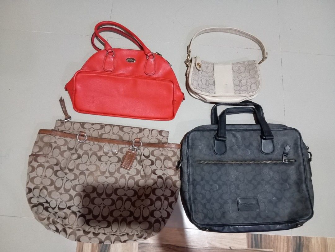 Coach Handbags and Tote Bag Bundle (Category: Luxury Bags & Wallets) located in Manila. Submitted by jzk25 (Listing ID 1463653223, Image 1). Description: - Bundle of 4 authentic Coach bags - Includes: Red leather satchel, Beige signature hobo, Large brown signature tote, Black signature briefcase/messenger bag - Great value for any Coach enthusiast.