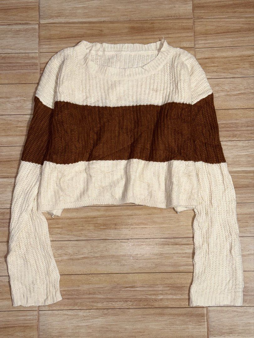 cozy striped cropped knit sweater (Category: Longsleeves) located in Binan City. Submitted by nakednini (Listing ID 1463705401, Image 1). Description: ⋆ fits medium to large ⋆ super cute cream and warm brown color ⋆ textured knit (soft and stretchable) ⋆ good preloved condition ⋆ perfect for layering or wearing on its own dm me if you'd like more details 💌.