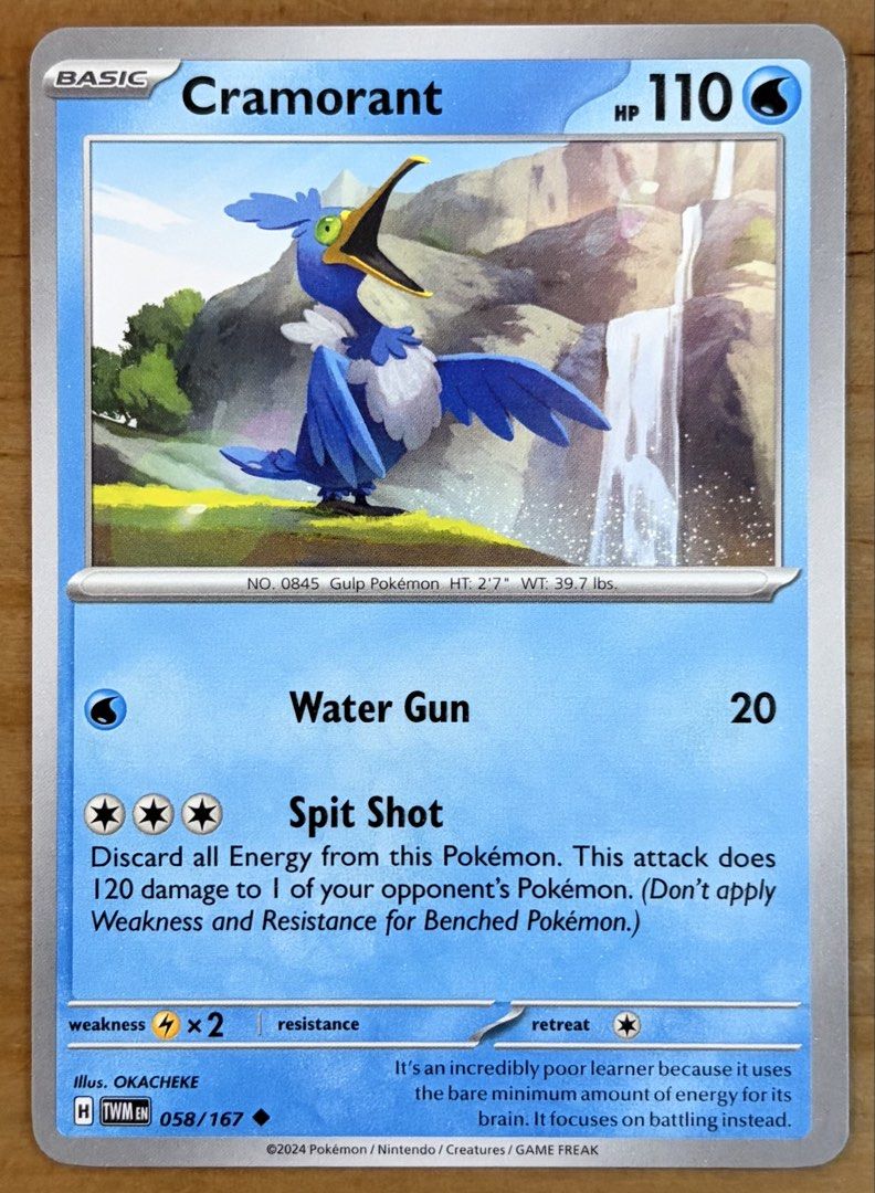 Cramorant | Pokemon Cards ~ Twilight Masquerade (Category: Raw Singles) located in Makati City. Submitted by cardlab (Listing ID 1463595561, Image 1). Description: Items are 💯 authentic/original/legit. About The Card: •Language: EN • Number: 058/167 • Uncommon • Normal FOR: • Cards ₱99 and below with Card Sleeves • Cards ₱100 and up with Card Sleeves and Used Toploader • ₱10 for Bnew Tops Packaging (If Shipping): ✔️ Plastic cover ✔️ Cardboard ✔️