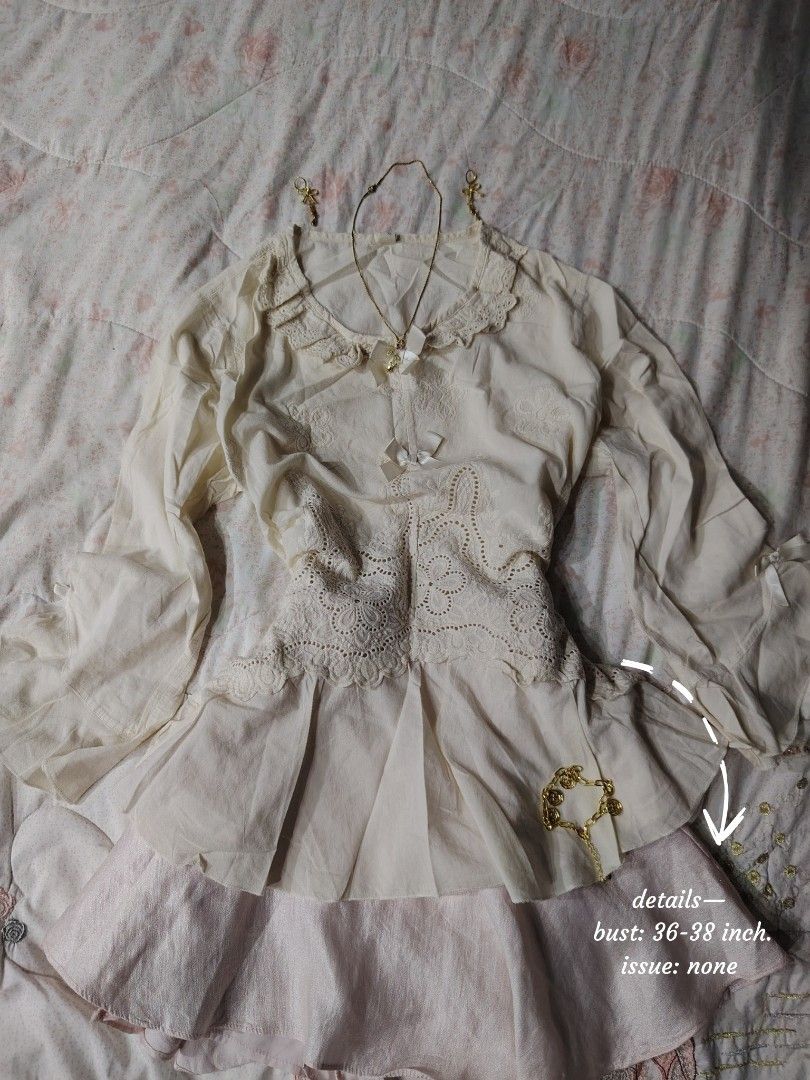 cream couquette top 🍦 (Category: Others Tops) located in Hermosa. Submitted by lcvelycath (Listing ID 1463578813, Image 2). Description: size: m-l mine: ₱129 (each) bid: ₱+10 lock: ₱329 (shipped) EOB: monday—september 28 (the seller is on vacation 😘) °. thrifted, pre-loved, or brand new but ready to wear (some aren't bcs i don't have the time to wash them, very sorryy :<) colors may vary due to lightning & quality 𐙚 °. check details before min