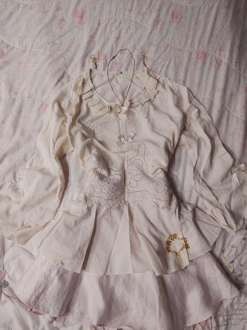 cream couquette top 🍦 (Category: Others Tops) located in Hermosa. Submitted by lcvelycath (Listing ID 1463578813, Image 1). Description: size: m-l mine: ₱129 (each) bid: ₱+10 lock: ₱329 (shipped) EOB: monday—september 28 (the seller is on vacation 😘) °. thrifted, pre-loved, or brand new but ready to wear (some aren't bcs i don't have the time to wash them, very sorryy :<) colors may vary due to lightning & quality 𐙚 °. check details before min