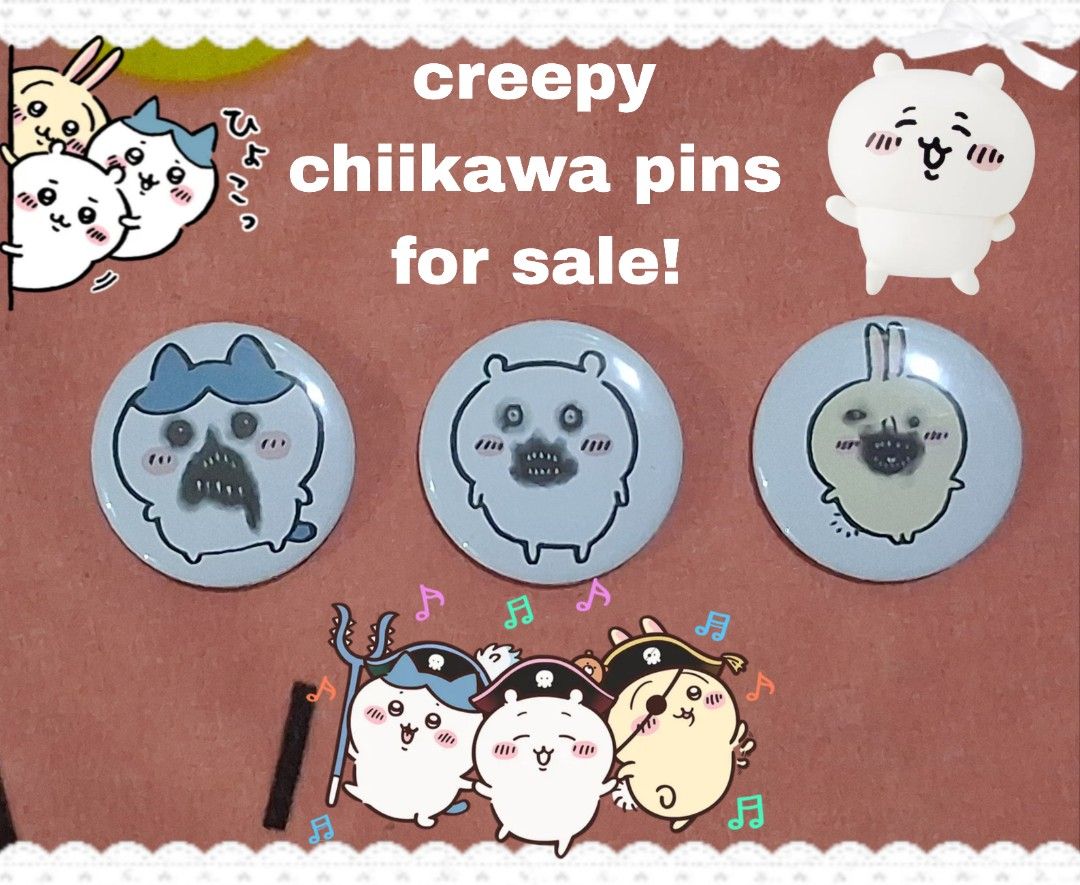 creepy chiikawa pins (Category: Art & Prints) located in Cebu City. Submitted by .soroveign (Listing ID 1463557287, Image 1). Description: ₱35 for one, ₱100 for 3!.