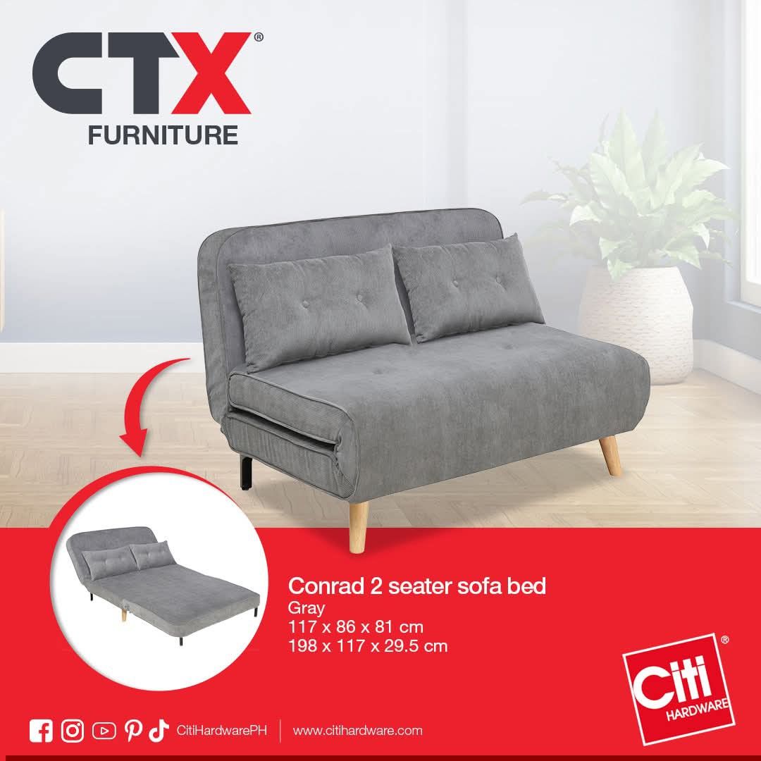 CTX Conrad 2 Seater Sofa Bed - Gray (Category: Sofas) located in Quezon City. Submitted by therese.e (Listing ID 1463615329, Image 2). Description: - CTX Conrad 2-seater sofa bed in gray - Easily converts from sofa to bed - Sofa dimensions: 117 x 86 x 81 cm - Bed dimensions: 198 x 117 x 29.5 cm - Features comfortable foam cushion - Sturdy metal frame with wooden legs - Upholstered in soft corduroy fabric - Original price: P9,970.