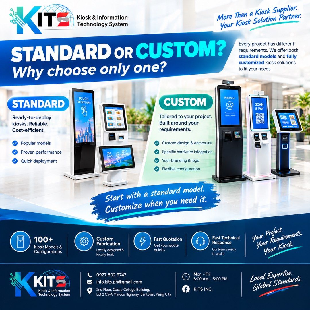 Customizing kiosk fabrication (Category: Office & Business Technology) located in Manila. Submitted by kitsincph (Listing ID 1463740047, Image 1). Description: - Standard and custom kiosk solutions available. - Ready-to-deploy, reliable, and cost-efficient. - Tailored designs, enclosures, and flexible configurations. - Choose from over 100+ kiosk models and configurations. - Fast quotation and technical support provided. - Contact us for your pro