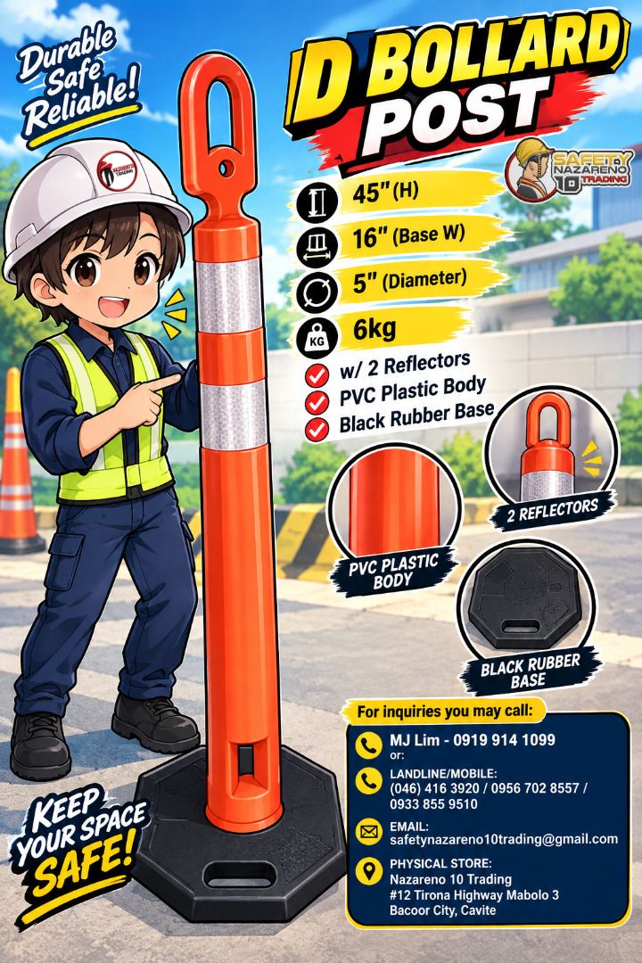 D Bollard Post (Category: Looking For) located in Bacoor. Submitted by zealmountain-375a (Listing ID 1463558510, Image 1). Description: 45"(H) x 16" (Base W) x 5" (Diameter) 6kg w/ 2 Reflectors PVC Plastic Body Black Rubber Base.