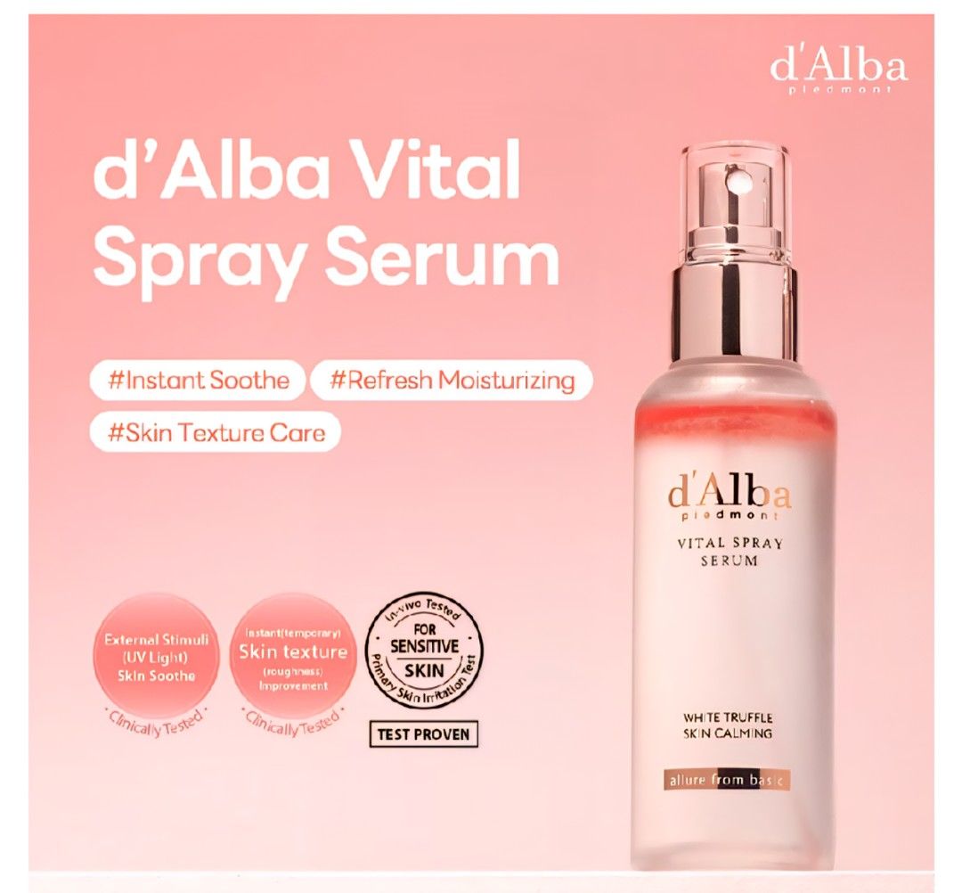 d'Alba Vital Spray Serum - full-size (Category: Face Care) located in Dasmarinas. Submitted by p.pop.pi (Listing ID 1463607629, Image 1). Description: - 100 mL - Expiry date is 07/2029. - Product may be opened prior to shipping to check for possible damage. The whole process, including resealing and packaging, will be recorded. GDrive 🔗 is then sent to customer. - Location: Cavite - MOP: Maya, GCash, or BPI bank transfer 🖊 Kindly be reasonable 