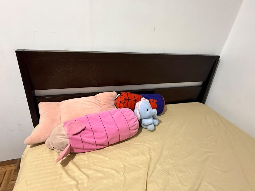 Dark Brown Wooden Bed Frame with Mattress (Category: Bed Frames & Mattresses) located in Cainta. Submitted by yiegel (Listing ID 1463695288, Image 2). Description: - Dark brown wooden bed frame - Sturdy construction with wooden slats - Sold as is - Pick up only -uratex foam about 6 to 8inch dont remember exactly -bed frame we bought in mandaue in cainta rizal worth 17,000 used both for 1year and 4months. issue: mark ng plantsa sa foam. pero pwede