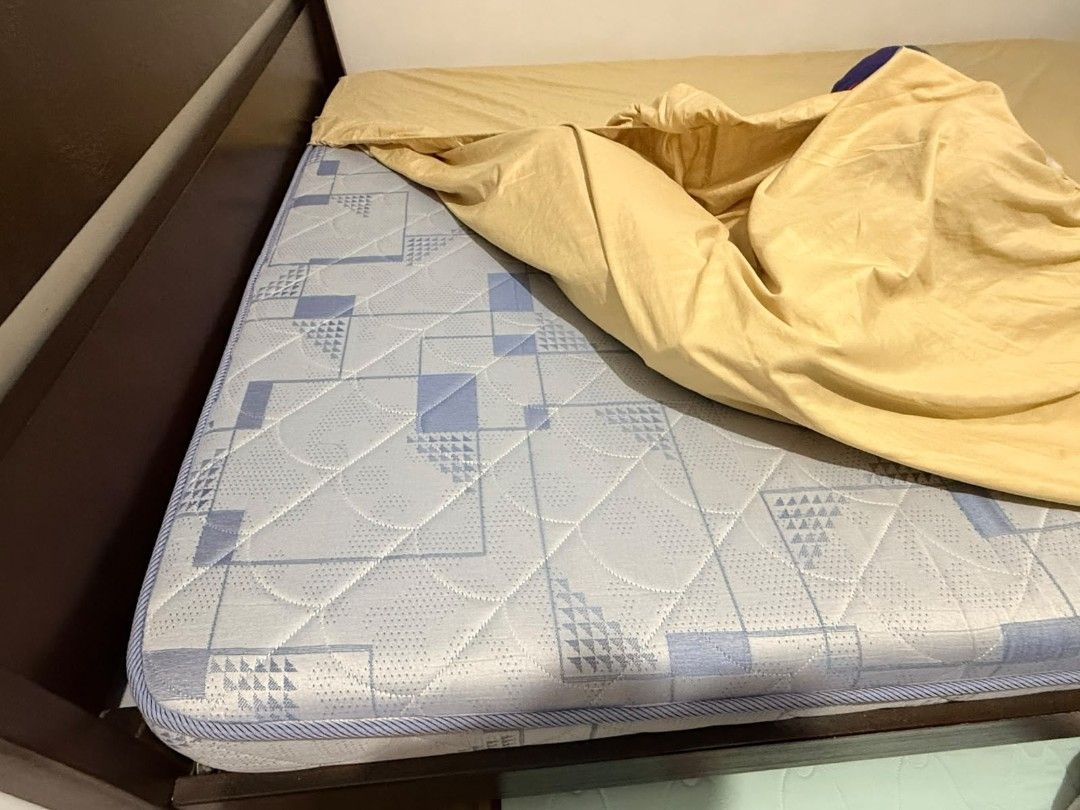 Dark Brown Wooden Bed Frame with Mattress (Category: Bed Frames & Mattresses) located in Cainta. Submitted by yiegel (Listing ID 1463695288, Image 3). Description: - Dark brown wooden bed frame - Sturdy construction with wooden slats - Sold as is - Pick up only -uratex foam about 6 to 8inch dont remember exactly -bed frame we bought in mandaue in cainta rizal worth 17,000 used both for 1year and 4months. issue: mark ng plantsa sa foam. pero pwede