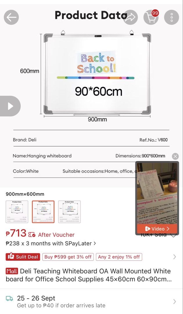 Deli Hanging Whiteboard 90x60cm (Category: Stationery & School Supplies) located in Cavite. Submitted by chaurrisa_preloved (Listing ID 1463711644, Image 3). Description: PRICE NEGOTIABLE FOR SURE BUYERS Deli hanging whiteboard - Size: 90x60cm - Color: White - Perfect for home or office - Wall-mountable - Includes markers and eraser - Ideal for jotting down notes and to-do lists.