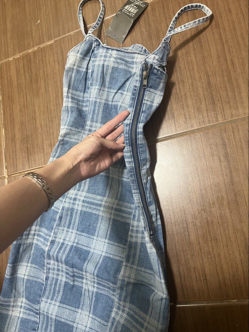 Denim Checkered Mini Dress 22 (Category: Dresses) located in Manila. Submitted by erickalago (Listing ID 1463640358, Image 3). Description: brandnew size xs (21-22 waistline) location: Pasig.