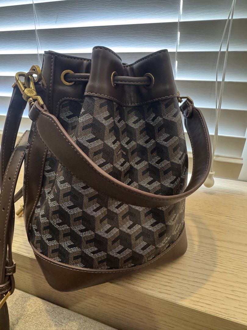 Designer Monogram Bucket Bag with Leather Trim (Category: Cross-body Bags) located in San Fernando. Submitted by jelajoybasco (Listing ID 1463613991, Image 3). Description: - Classic bucket bag design - Features a repeating monogram pattern - Luxurious leather trim and drawstrings - Elegant gold-tone hardware - Adjustable shoulder strap for comfort - Ideal for everyday use.