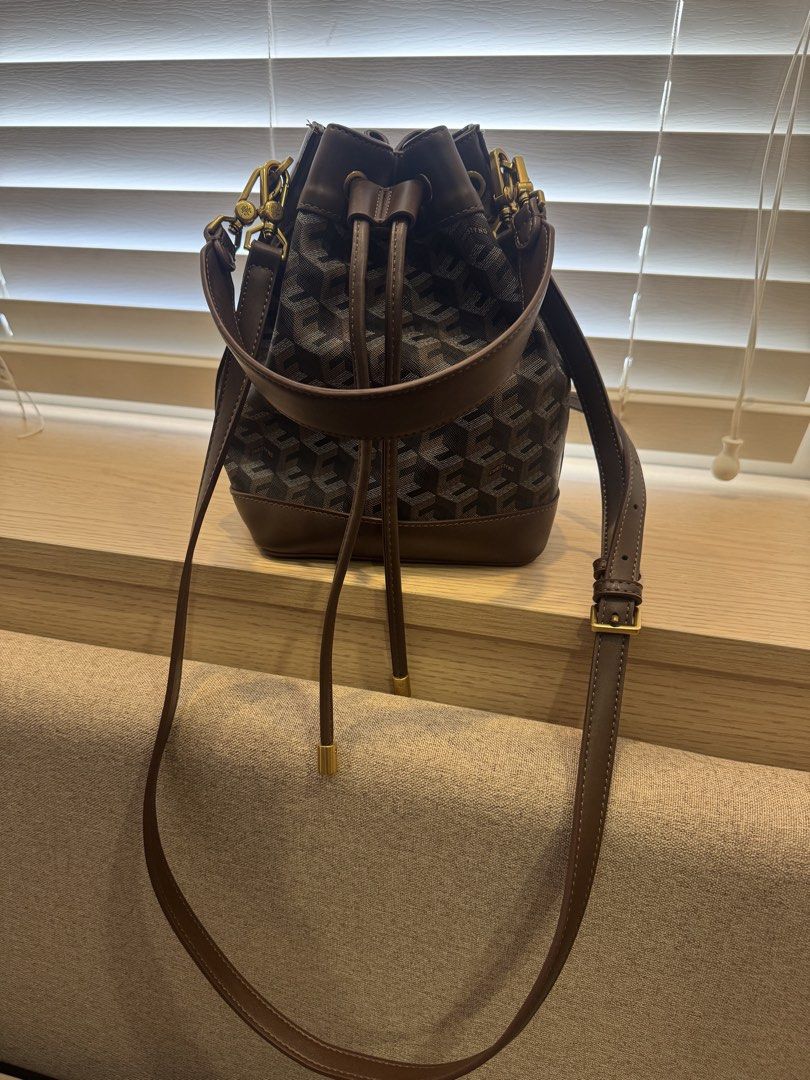 Designer Monogram Bucket Bag with Leather Trim (Category: Cross-body Bags) located in San Fernando. Submitted by jelajoybasco (Listing ID 1463613991, Image 2). Description: - Classic bucket bag design - Features a repeating monogram pattern - Luxurious leather trim and drawstrings - Elegant gold-tone hardware - Adjustable shoulder strap for comfort - Ideal for everyday use.