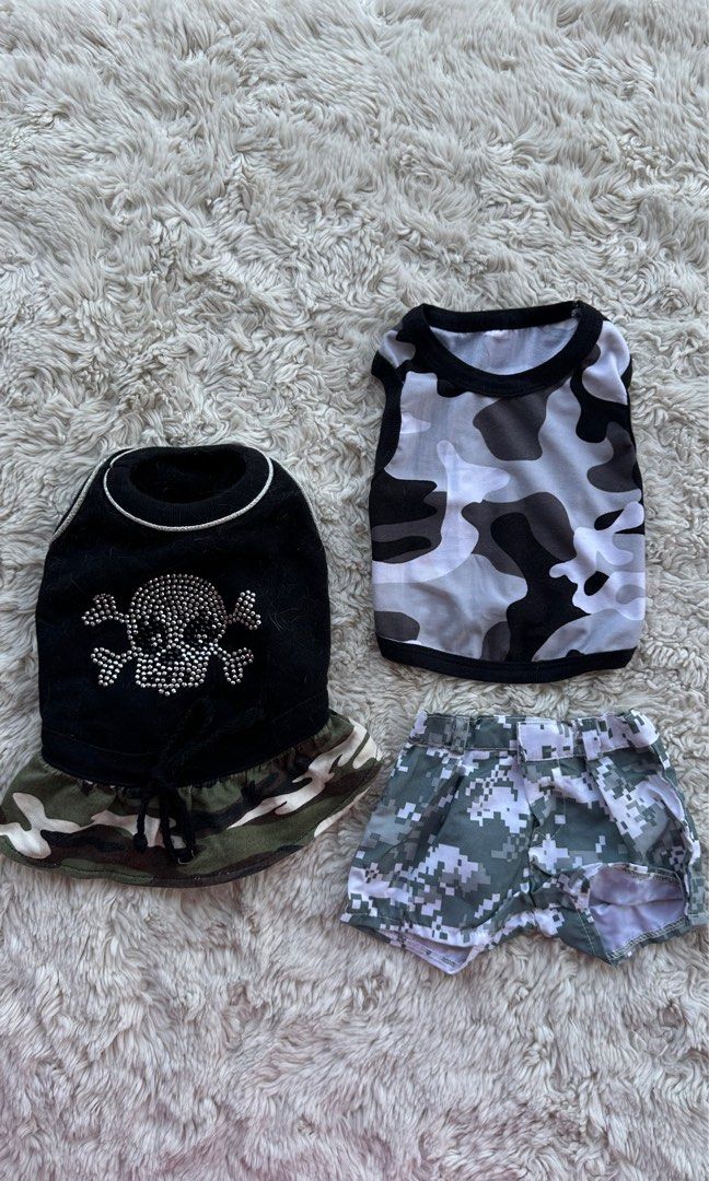 Dog Clothes Bundle - Camo & Skull Design Military Edition (Category: Homes & Other Pet Accessories) located in Paranaque City. Submitted by eckadcms (Listing ID 1463570454, Image 2). Description: Skull Camo Dress — Korean Brand ( Puppy Angel ) Camp T shirt Top with Shorts Will give free treats ✨💖 Size : XS Shipping via J&T grab and lalamove Shipping c/o buyer .