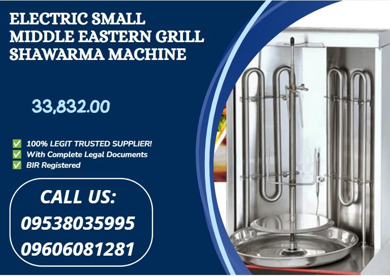ELECTRIC SMALL MIDDLE EASTERN GRILL Shawarma machine (Category: Other Home Appliances) located in Caloocan City. Submitted by mightywater-74d1 (Listing ID 1463607354, Image 1). Description: ●Power voltage 220V/110V ●Product size 295*295*490(mm) ●Packing size 350*320*500 ●Packing form: carton + wooden frame .