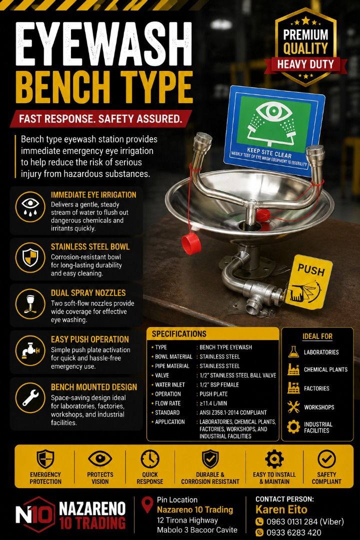 EMERGENCY EYE WASH BENCH TYPE (Category: Looking For) located in Bacoor. Submitted by kajezame.2021 (Listing ID 1463636497, Image 1). Description: EMERGENCY EYE WASH BENCH TYPE For More Details and Discount Contact Ms. Karen NAZARENO 10 TRADING 0963 0131 284 0933 6283 420 0956 7028 557 0933 8559 510 Landline: Look for Ms. Karen (046 ) 416 3920 Also available: • Traffic cone • Parking Block stopper • Hooded trash bin • Road Plastic Barrier • Spill