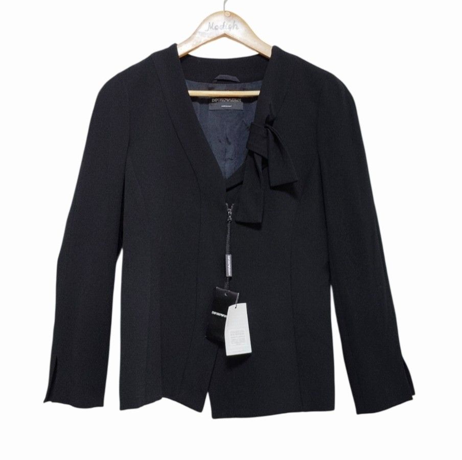 Emporio Armani Bow Black Blazer (Category: Luxury Apparel) located in Caloocan City. Submitted by modishthriftstore (Listing ID 1463644900, Image 1). Description: yes available , no need to ask M-L size S;15.5 Bust up to 38 L:24 With Hangtag, Loc: Rainbow Village 5 North Caloocan.