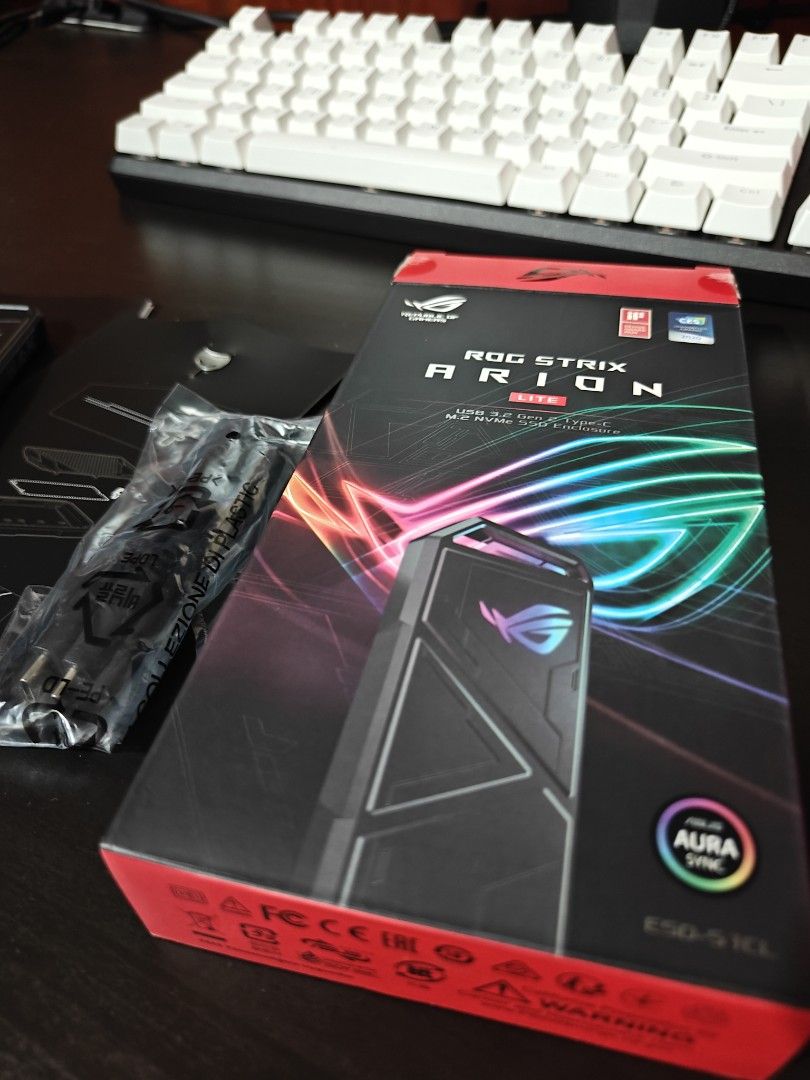 [Enclosure] Asus ROG Strix Arion Lite (Category: Hard Disks & Thumbdrives) located in Pasig City. Submitted by wysiwyg1970 (Listing ID 1463693862, Image 2). Description: For sale ‼️‼️ ⚠️ Take all the time you need. No haggling necessary. Asus ROG Strix Arion Lite M.2 NVME SSD Enclosure - PHP 2,300.00 (strictly non-negotiable) USB3.2 Gen 2x1 Type-C (10 Gbps) Good as new. No dents or scratches. Fits PCIe 2280/2260/2242/2230 M Key/B+M Key • Box • Ma