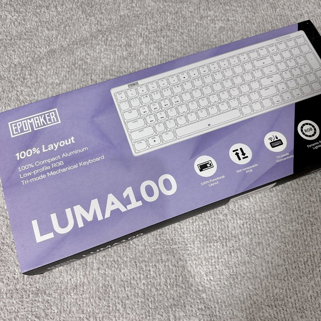 EPOMAKER LUMA100 100% Compact Aluminum Mechanical Keyboard (Category: Computer Keyboard) located in Paranaque City. Submitted by hershey_august (Listing ID 1463609153, Image 2). Description: - EPOMAKER LUMA100 Mechanical Keyboard - Full 100% Layout - Compact and Durable Aluminum Build - Sleek Low-Profile Design - Versatile Tri-Mode Connectivity (Wired, Bluetooth, 2.4GHz) - Hot-Swappable PCB for easy switch customization - Vibrant RGB Lighting - C