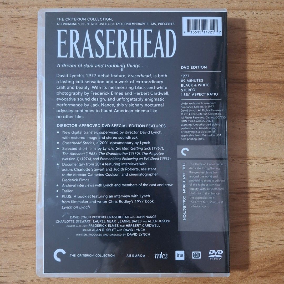 Eraserhead Criterion Collection (1:1 DVD Copy) (Category: CDs & DVDs) located in Kabankalan. Submitted by Videoshop.ph (Listing ID 1463582130, Image 2). Description: Eraserhead 1977 ‧ Horror/Fantasy ‧ 1 h 29 m Criterion Collection (Single Disc only) Format: DVD Region: All NTSC No. of Disc: 1 Aspect Ratio: Widescreen Language: English Subtitle: None Casing: Keep Case DVD COPY – 1:1 RECOPY FROM ORIGINAL ✔️ Recopied from original DVD ✔️ Complete or