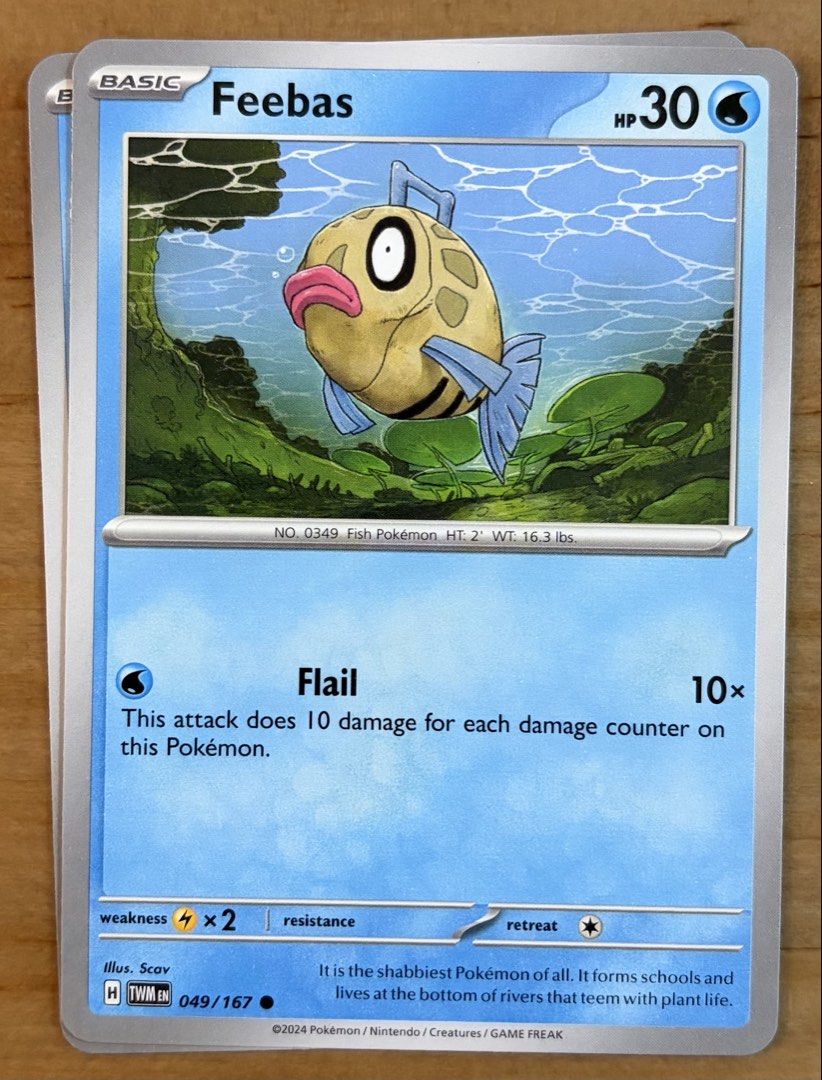 Feebas | Pokemon Cards ~ Twilight Masquerade (Category: Raw Singles) located in Makati City. Submitted by cardlab (Listing ID 1463594030, Image 1). Description: Items are 💯 authentic/original/legit. About The Card: •Language: EN • Number: 049/167 • Common • Normal FOR: • Cards ₱99 and below with Card Sleeves • Cards ₱100 and up with Card Sleeves and Used Toploader • ₱10 for Bnew Tops Packaging (If Shipping): ✔️ Plastic cover ✔️ Cardboard ✔️ Bubb