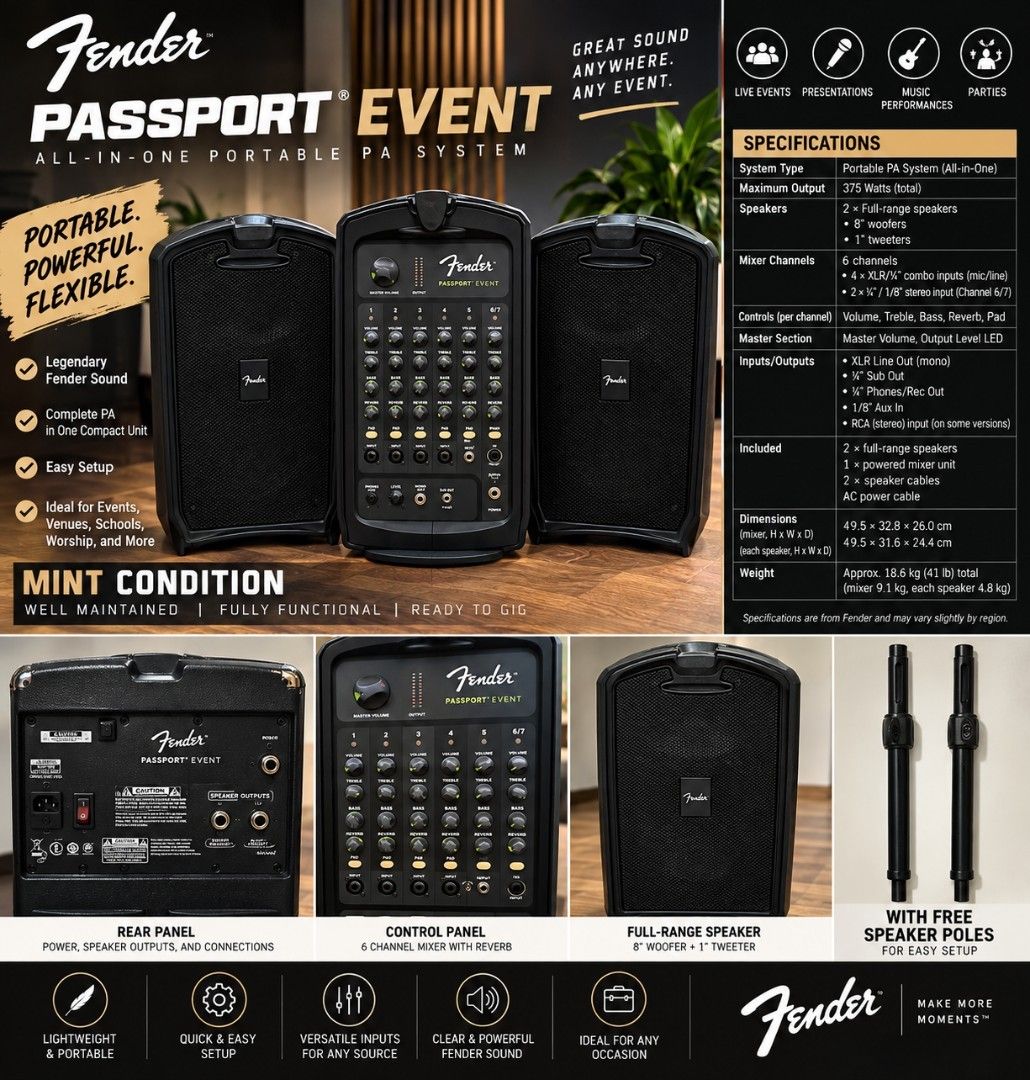 Fender Passport Event All-in-One Portable PA System (Category: Soundbars, Speakers & Amplifiers) located in Quezon City. Submitted by btz753 (Listing ID 1463719549, Image 1). Description: - Legendary Fender sound in a compact, portable PA system. - Easy setup for any event, venue, or school. - Includes: 2 full-range speakers, powered mixer, speaker cables, AC power cable. - Well-maintained and fully functional, ready to gig. - Perfect for present
